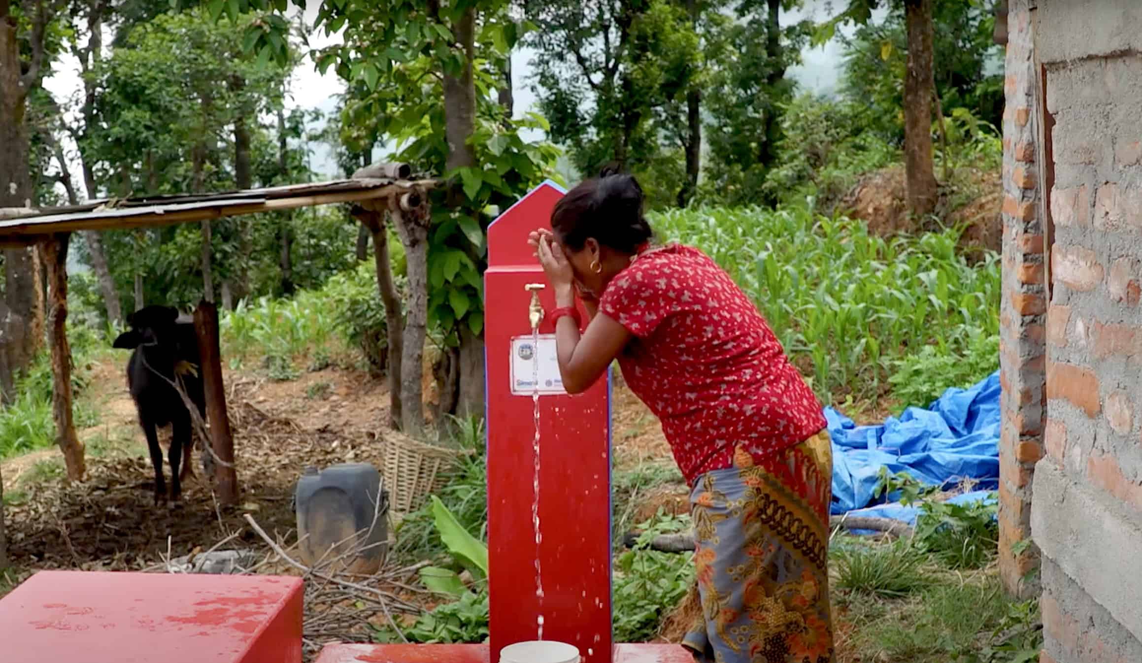 Woman using a Made Blue water point in Nepal